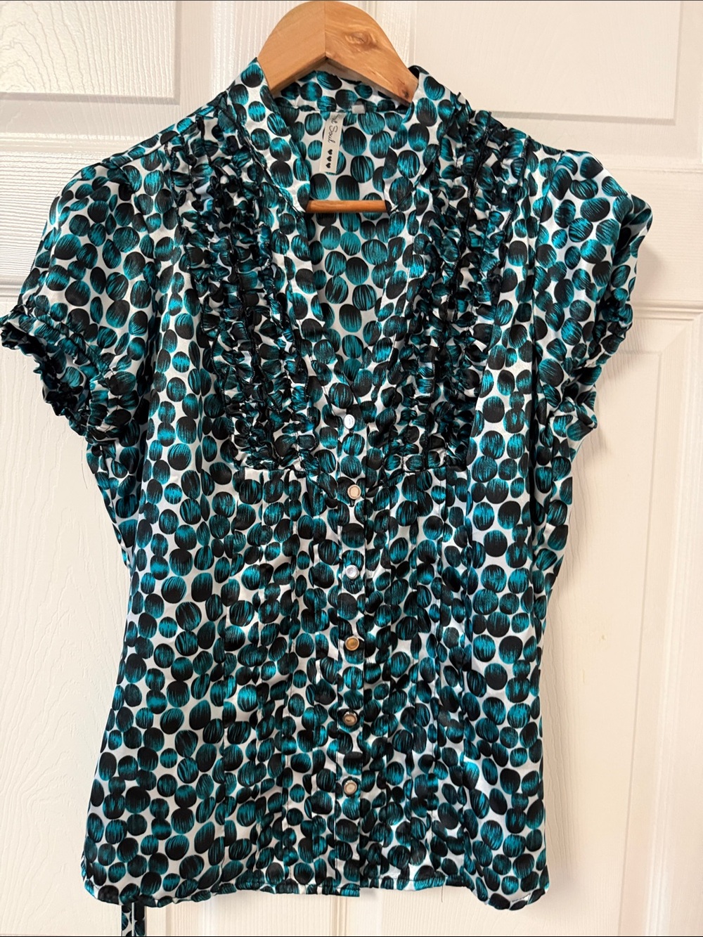 HeartSoul Teal and Black Polka Dot Ruffle Button-Front Blouse